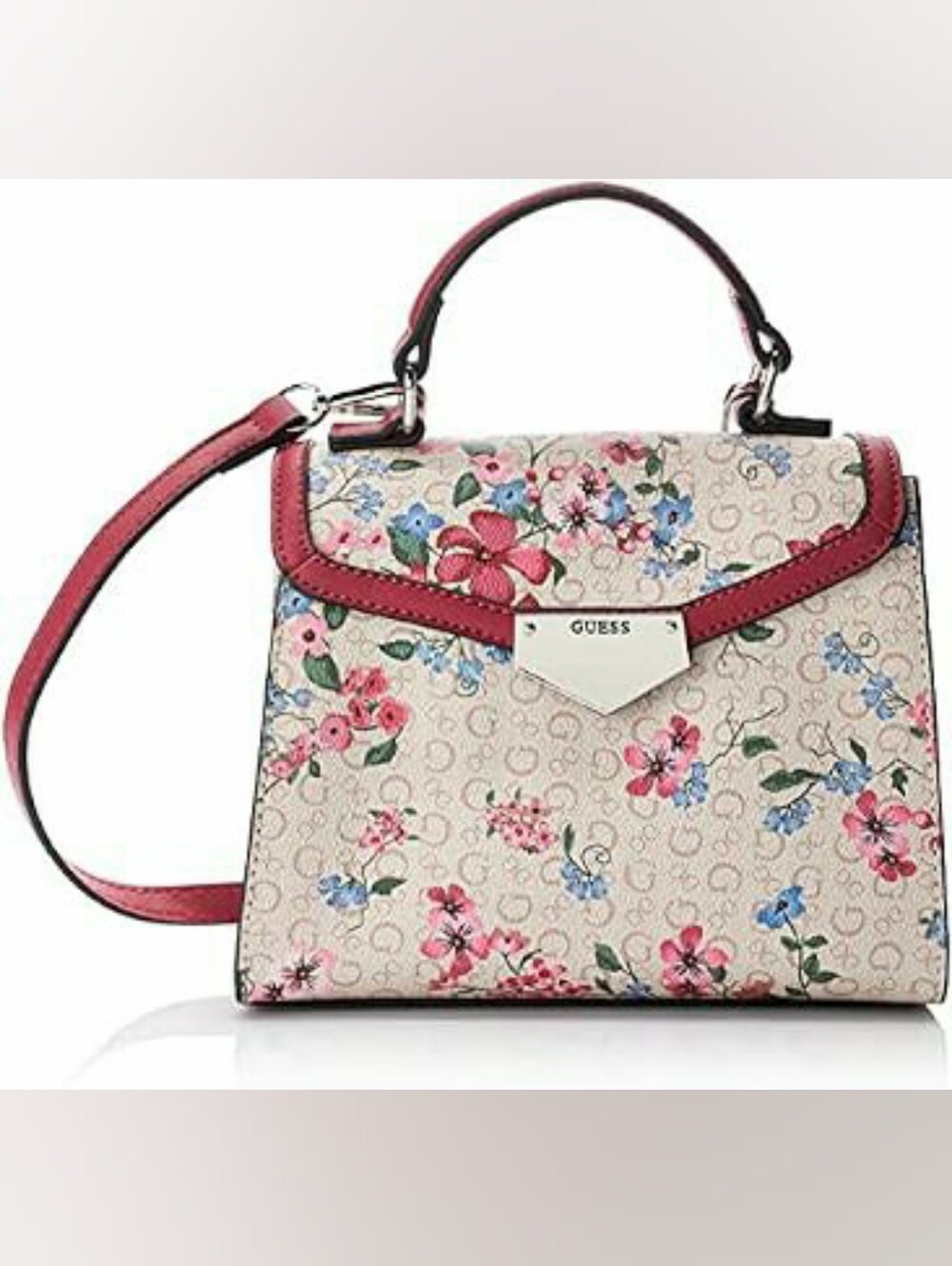 NWT Guess- Flowers Mini Sachel Beige hot pink spring summer floral canva